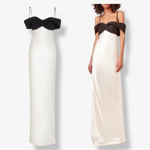 Brandon Maxwell Off-The-Shoulder Silk Draped Black Bow Accent Maxi Dress Gown - Picture 1 of 15
